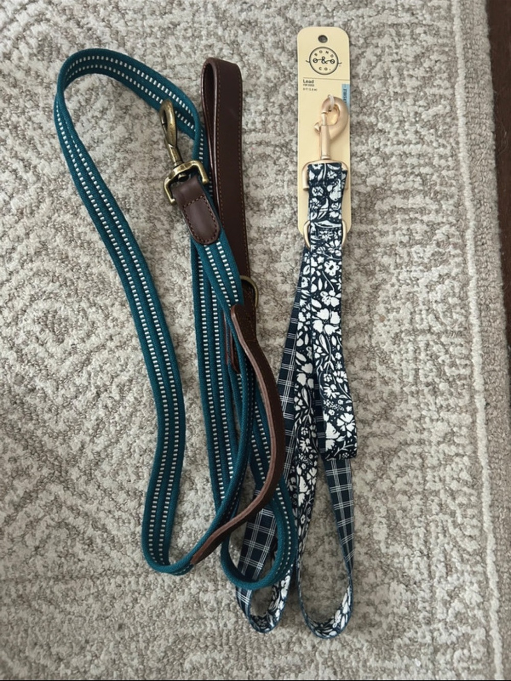 Teal & Navy Patterned Dog Leash Set with Brass Hardware
